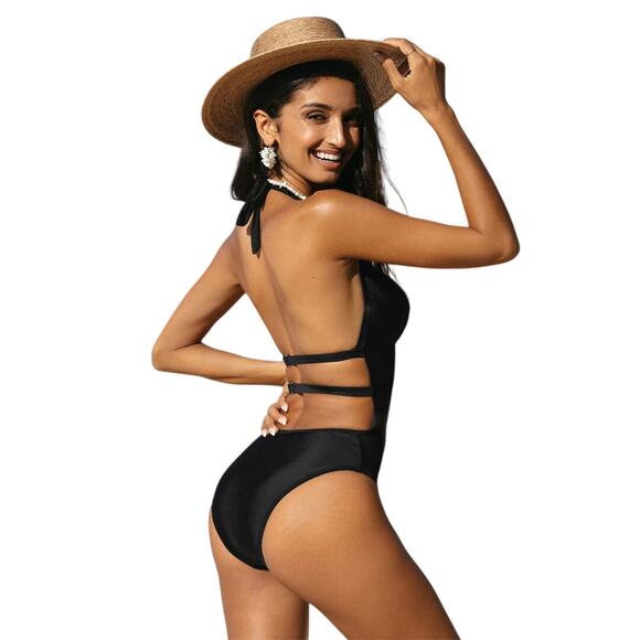 Cupshe Women's Mesh Plunging Halter One Piece Swimsuit Black Size Large - Picture 3 of 7
